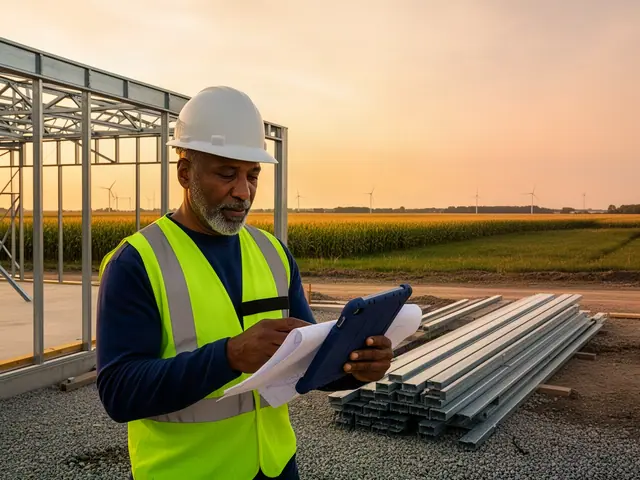 Builder in a white hard hat and yellow safety vest checking a navy tablet and building plans at a steel-frame site
