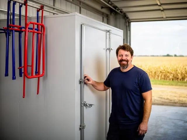 Smiling man with a goatee beside a large light-grey curing oven in a powder-coating shop with an open roll-up door