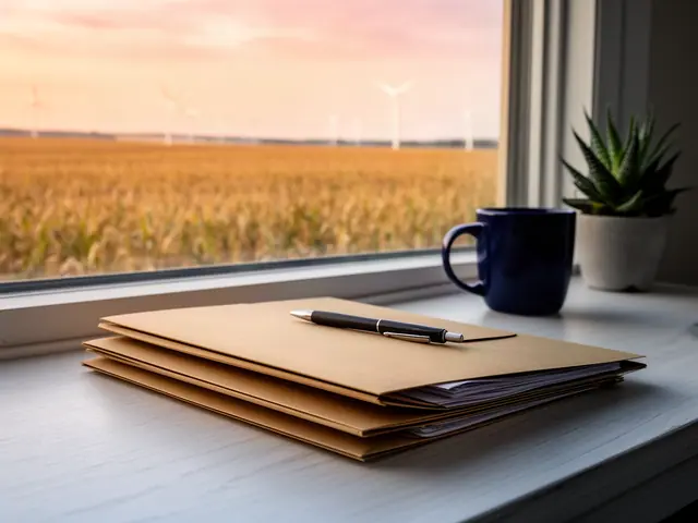 Stack of kraft folders with papers and a black pen on a windowsill desk overlooking golden fields and wind turbines