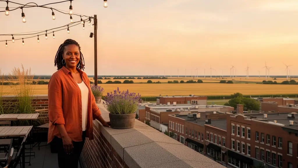 Smiling woman in a rust linen shirt on a rooftop café terrace overlooking a brick downtown, flat fields and wind turbines