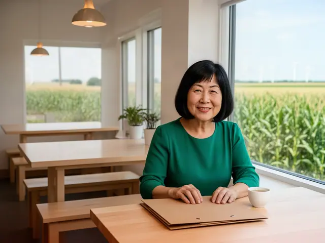 Smiling woman with a black bob in a jade-green blouse with her hands on a kraft folder in an empty noodle restaurant