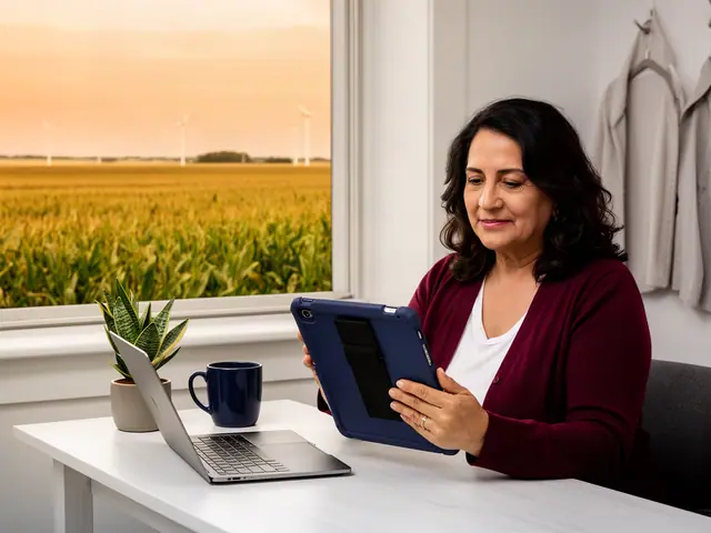 Woman with dark wavy hair in a burgundy cardigan reading a navy tablet at a white desk by a window over fields