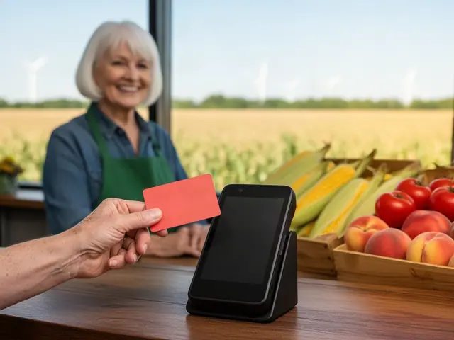 Customer hand holding a coral card toward a black payment terminal at a farm stand with a smiling owner behind