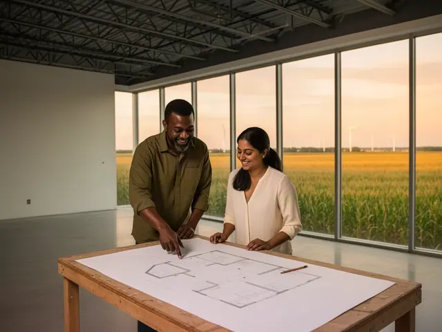 Two business partners smiling over a floor-plan drawing in an empty commercial space with prairie views